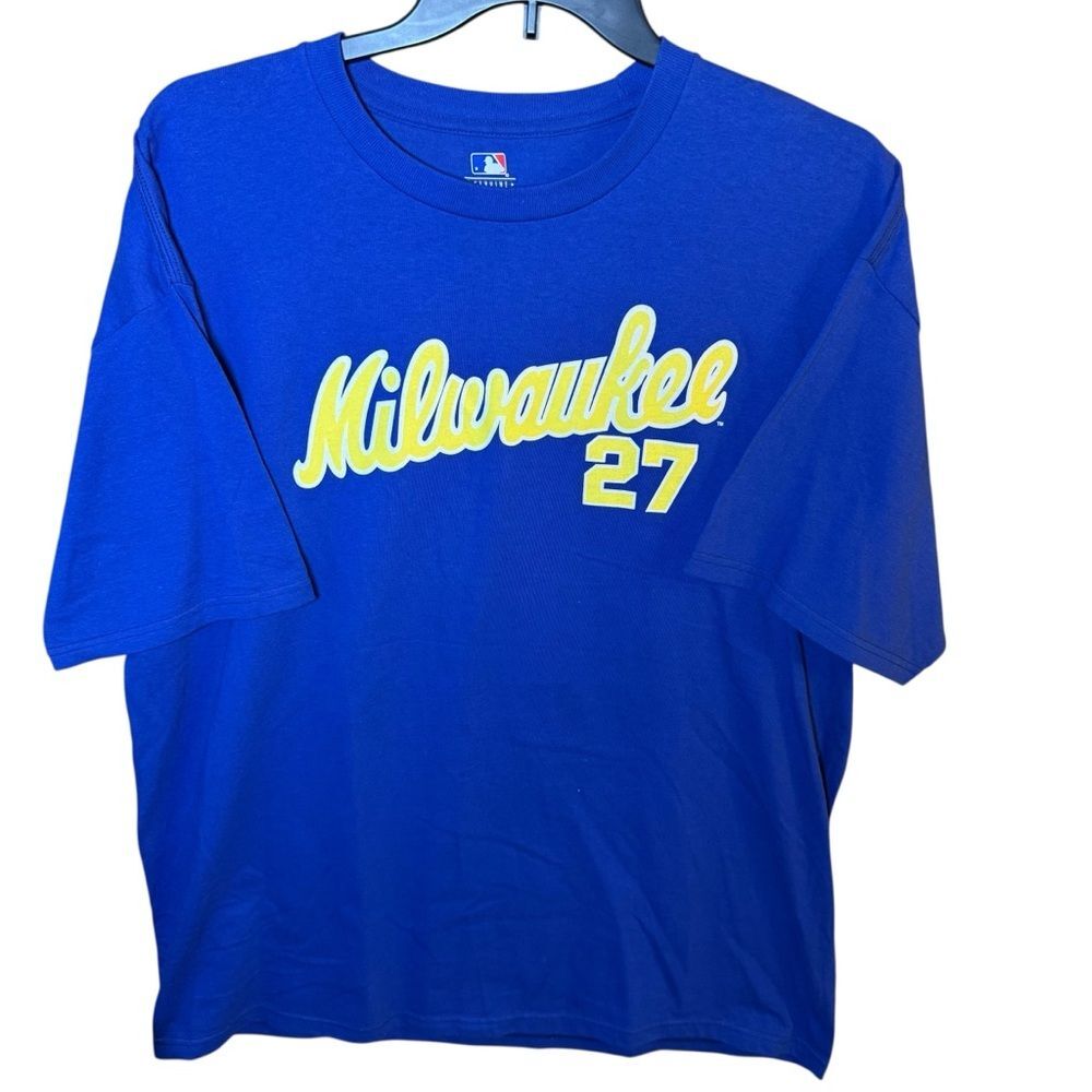 Milwaukee Brewers Carlos Gomez #27 Majestic Player Cotton Tee Shirt Men's 2XL